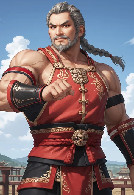score_9, score_8_up, HuangGaiDWO, long hair, braided ponytail, grey hair, brown eyes, beard, mustache, mature male, muscular, bare shoulders, cuirass, armbands, bracers, waistcloth, shin guards, looking at viewer, smile, dynamic pose, detailed background, dutch angle, upper body, cowboy shot, blue sky, clouds, ancient china, fighting stance,