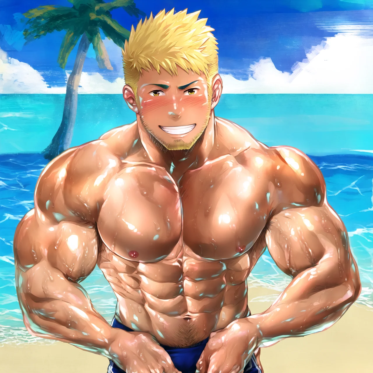 masterpiece, best quality, highres, absurdres, realistic, 2boys, mature male, muscular male, tan lines, beach, ocean, palm tree, briefs, blonde hair, very short hair, stubble, smile, large pectorals, nipples, abs, navel, chest hair, depth of field, foreshortening