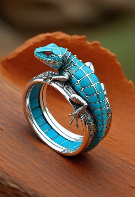 a najavo style turquoise and silver lizard like bracelet, silver chrome, embeded tiny turquoise, displayed on a red flat rock, depth of field, macro photography, highly detailed, 4k resolution, end_jewelrymorph