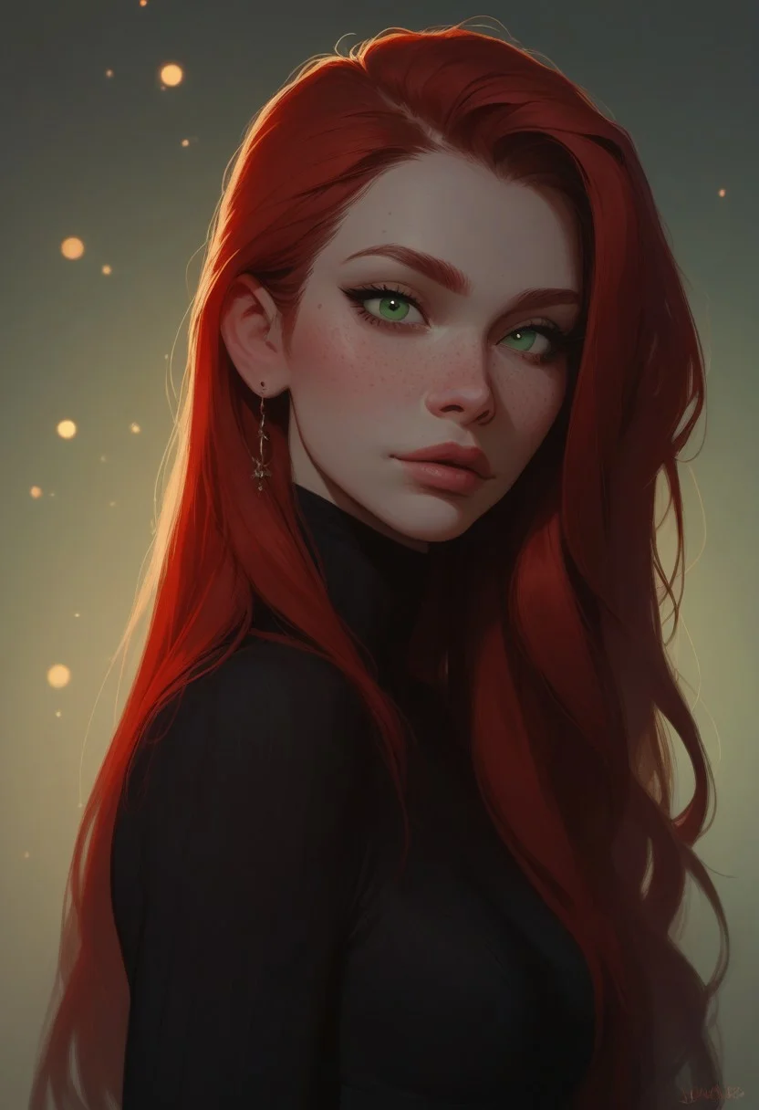 score_9, score_8_up, score_7_up, Expressiveh, very aesthetic, girl, red hair, long hair, green eyes, freckles, pale skin, small breasts, face focus, tight black dress, portrait, looking at viewer, sexy, hot, bokeh:1.2,