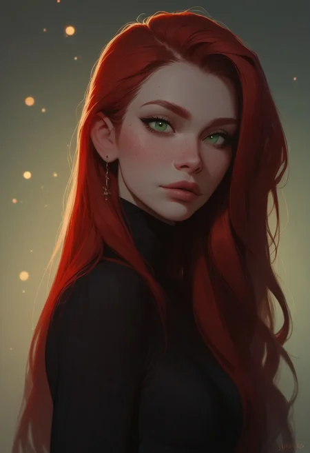 score_9, score_8_up, score_7_up, Expressiveh, very aesthetic, girl, red hair, long hair, green eyes, freckles, pale skin, small breasts, face focus, tight black dress, portrait, looking at viewer, sexy, hot, bokeh:1.2,