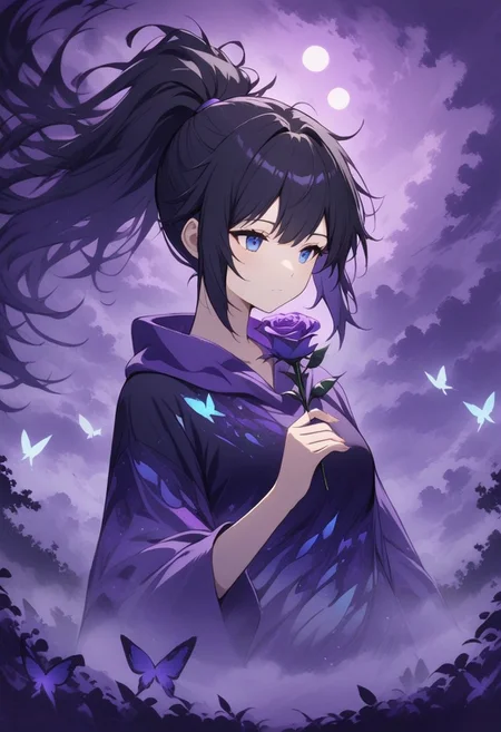 abstractzyrnox, abstract, abstract art, butterfly, blue, purple, white, fog, cinematic, purple sky, cloud, moon, ((1girl, foxgirl, fox girl), holding rose, high ponytail hair, black hair, blue eyes, black hair, messy hair)