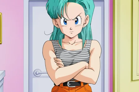 anime screencap, absurdres, high quality, official style,
bulma, DBZ, official style, 1girl, solo, long hair, looking at viewer, blue eyes, bare arms, blue hair, collarbone, upper body, stud earrings, striped, belt, v-shaped eyebrows, aqua hair, frown, fingernails, crossed arms, tank top, striped tank top, hair down, jeans, orange pants, pink wall, door, eyelashes, bare shoulders
<lora:Bulma_IL:0.8>
