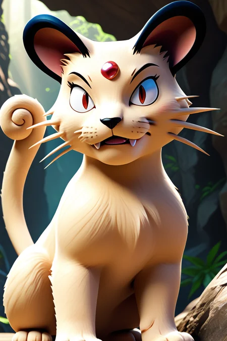 score_9, score_8_up, score_7_up, score_6_up, BREAK persian \(pokemon\), pokemon \(creature\),no humans,solo, beige fur, cat, tail, red eyes, slit pupils,fangs, whiskers, red forehead jewel,canyon,outdoors,dawn,3d, <lora:PersianPony:1>