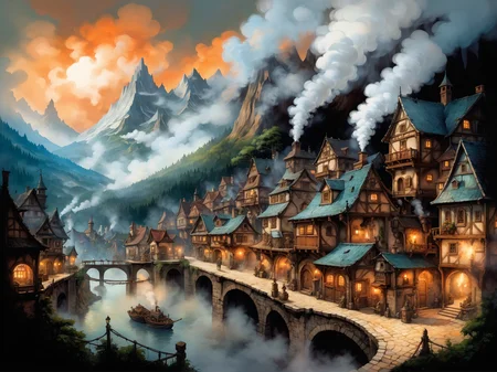 fantasy town in front of mountains, smoke steam <lora:Retro_Illustration:1> 2d game scene, oil and watercolor painting, (masterpiece:1.2), best quality, (hyperdetailed, highest detailed:1.2), high resolution textures