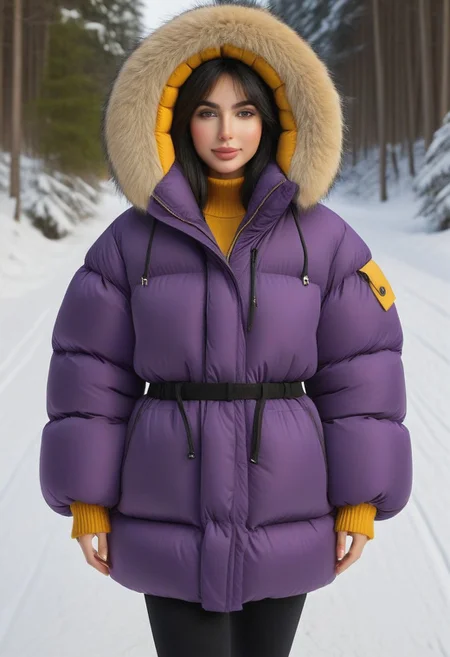 ((((puffer padded jacket)))), ((((puffer padded coat)))), ((((full body)))), ((((fur boots)))), ((((puffer pants)))), ((((puffer hood up)))), winter, snow, forest, 1girl, solo, (masterpiece), detailed face, detailed eyes, (beautiful detailed eyes:1.5), sidelighting, (super detail, hyper detail, intricate_details, detailed), (semi realistic:1.6), (Bob cut), blunt bangs,(black hair), (purple eyes, eyelashs), tanned skin, smug smile, angry face, Golden jewelery, golden rings, golden necklace, golden armlets, golden chains, padded cuffs, padded collar, Thick padded cuffs, Thick padded collar, <lora:Collar-SDXL:0.6>, <lora:Cuffs-SDXL:0.6>, <lora:Puffer_Jacket_and_Down_Jacket_-_Extra_Puffy_Jackets:0.4>, <lora:snowpants_v1:0.4>