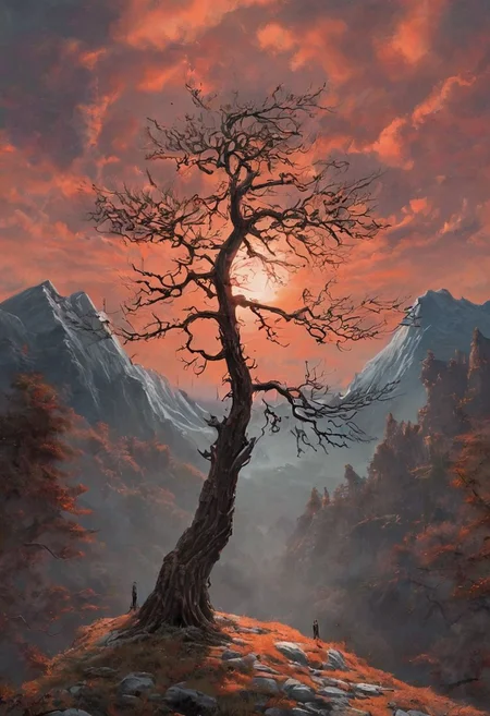 the image presents a surrealistic landscape scene. dominating the background is a large mountain, adorned with a red orange hue that transitions into deep orange and brown hues near the peak. the mountain's top is capped with a red light, adding an eerie glow to the scene. in the foreground, there's a tree with gnarled branches reaching out towards the sky, reminiscent of a bony hand. this tree appears to be made of black lines against a backdrop of red orange clouds. above, the night sky is visible, with the moon casting a soft white light. despite being set at night, the colors and lighting give the scene a dreamy and ethereal quality., romantic impressionism, dream scenery art, beautiful oil matte painting, romantic, style of thomas kinkade, beautiful digital painting, anime landscape, romantic painting, thomas kinkade style painting, dreamlike digital painting, colorful painting, beautiful gorgeous digital art, style thomas kinkade