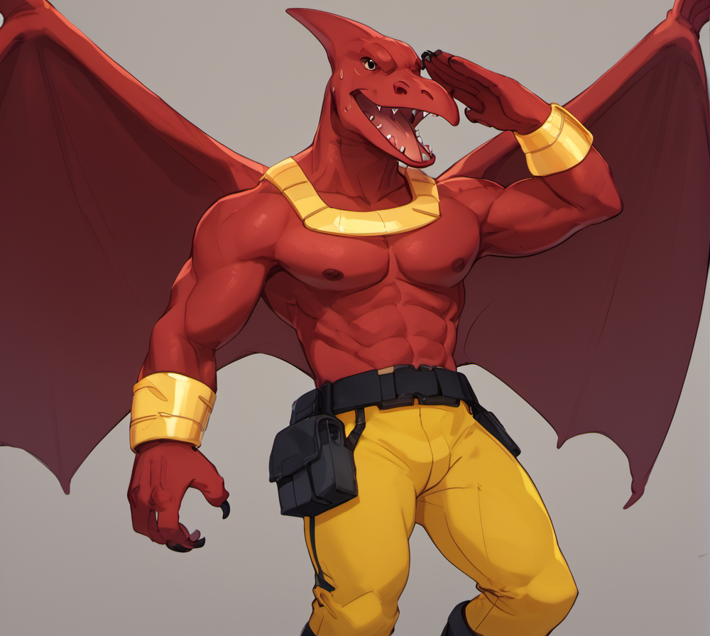 score_9, score_8_up, score_7_up, high res:1.5, digital media (artwork), 2d, sweatdrop, solo focus, scalie, bullz3y3, pterosaur, pterodactylus, red skin, back wings, long snout, big nostrils, long head, pectoral (jewelry), usekh, tailless, yellow pants, clawed gauntlets, athletic, anthro, open mouth, tongue out, male, full body, midair, flying, spread wings, salute, looking at viewer, airport background, <lora:Extreme_Dinosaurs_5_in_1:1>
