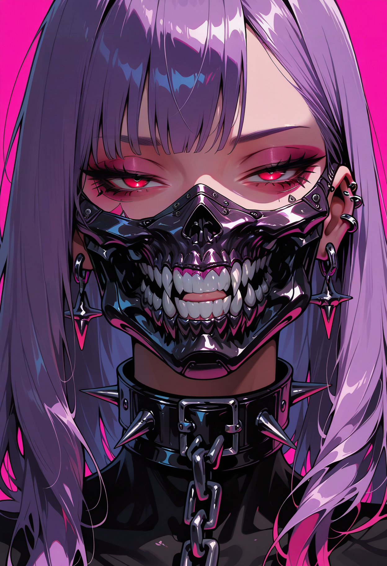 masterpiece, best quality, amazing quality, intricate detail, highly detailed,
 <lora:ArmorPunkILLUSTRIOUS:1> arm0rpunkv4
mechanical_jaw, 1girl, solo, long hair, looking at viewer, simple background, red eyes, jewelry, purple hair, earrings, teeth, collar, mask, chain, piercing, half-closed eyes, pink background, portrait, ear piercing, spikes, mouth mask, spiked collar