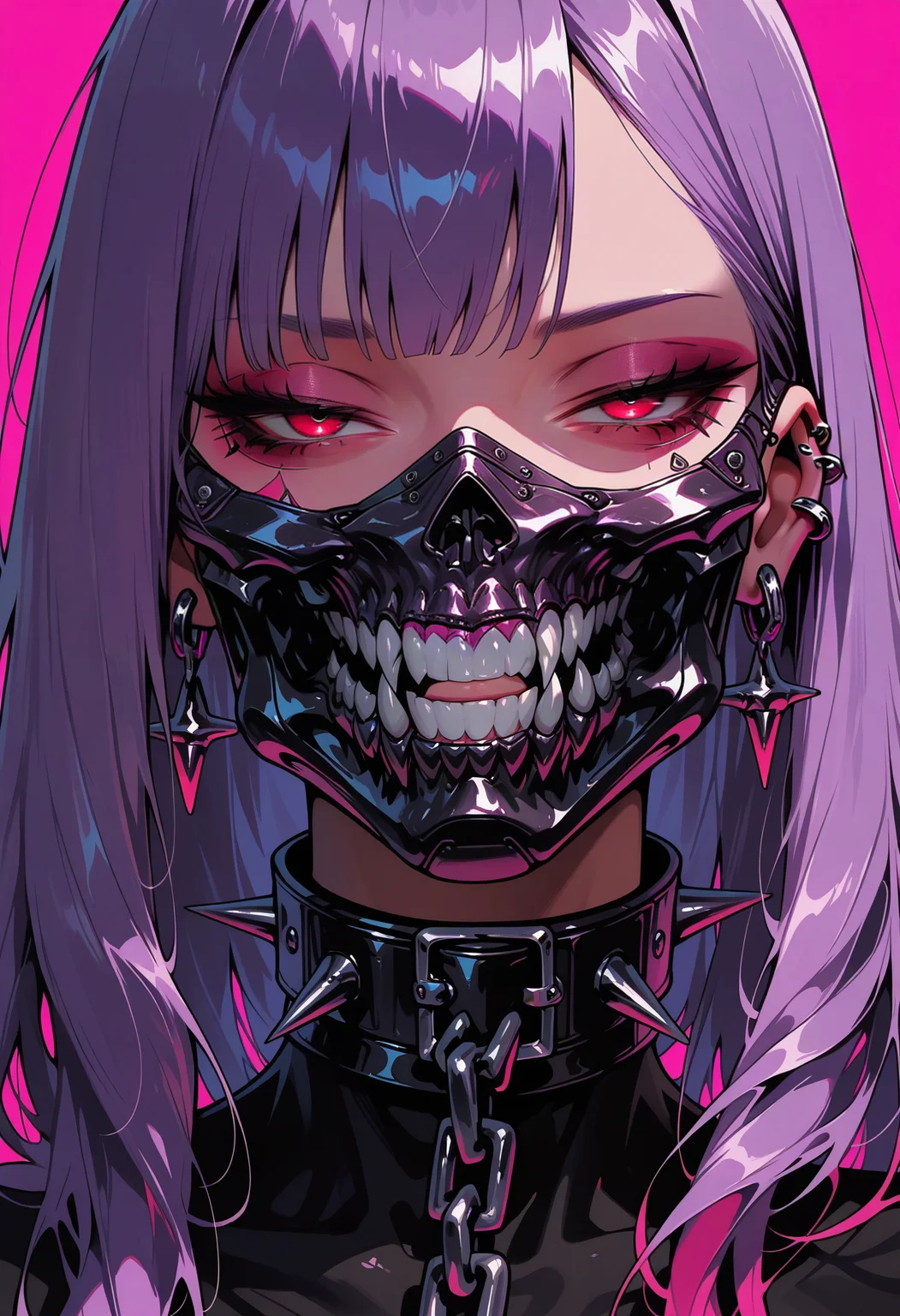 masterpiece, best quality, amazing quality, intricate detail, highly detailed,
 <lora:ArmorPunkILLUSTRIOUS:1> arm0rpunkv4
mechanical_jaw, 1girl, solo, long hair, looking at viewer, simple background, red eyes, jewelry, purple hair, earrings, teeth, collar, mask, chain, piercing, half-closed eyes, pink background, portrait, ear piercing, spikes, mouth mask, spiked collar