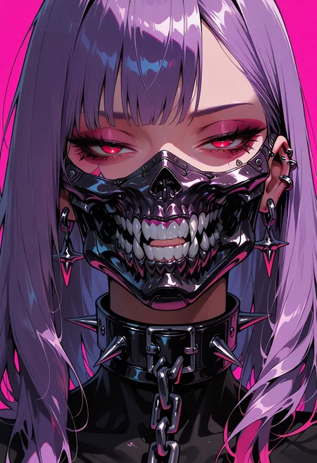 masterpiece, best quality, amazing quality, intricate detail, highly detailed,
<lora:ArmorPunkILLUSTRIOUS:1> arm0rpunkv4
mechanical_jaw, 1girl, solo, long hair, looking at viewer, simple background, red eyes, jewelry, purple hair, earrings, teeth, collar, mask, chain, piercing, half-closed eyes, pink background, portrait, ear piercing, spikes, mouth mask, spiked collar