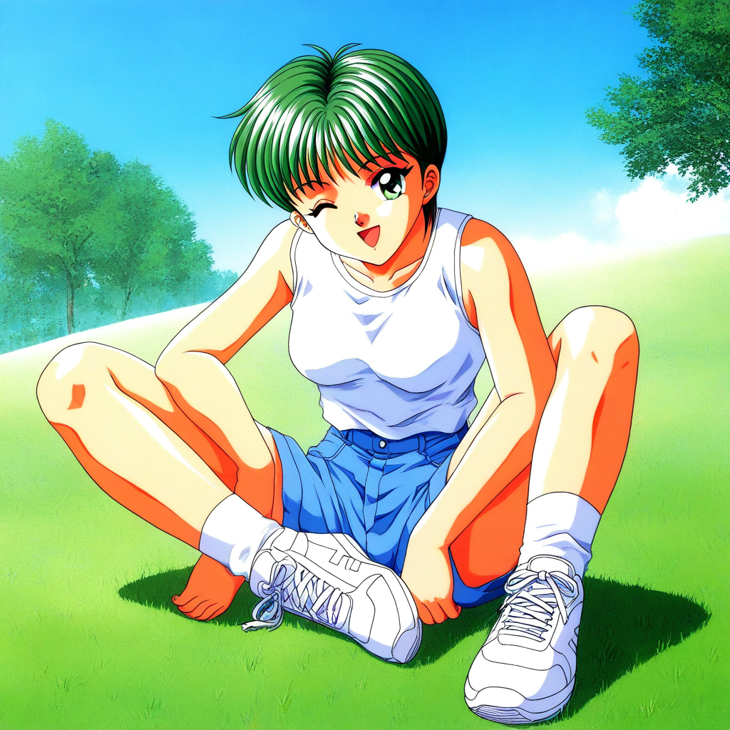 general,highres, ultra-detailed,very aesthetic,best quality ,best hands, BREAK <lora:Kiyokawa_Nozomi_Tokimeki_Memorial_IS:1>
Kiyokawa_Nozomi(Tokimeki_Memorial), 1girl, solo, green hair, short hair, green eyes, bangs, medium breasts,
one eye closed,  shorts, 1990s (style), sneakers, shoes, open mouth, smile, blue shorts, 
 sitting, sleeveless, tank top, looking at viewer, white shirt,
outdoor, grass, sky,
