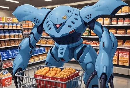 score_9, score_8_up, score_7_up, source_anime, front view, BREAK, ( hygogg, blue_hygogg_armor, pink monoeye, from side, looking at viewer, long arms, very long arms, long claws) 1mech, blue mech, wide mech, large shoulders, large shoulder armor, mech focus, solo, BREAK, two arms, in grocery store, grabbing food, pushing shopping cart,