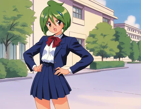 general,highres, ultra-detailed,very aesthetic,best quality ,best hands, BREAK <lora:Tamano_Hinagiku_IS:1> Tamano_Hinagiku, 1girl,solo, green hair, short hair, brown eyes, hair between eyes, 1990s (style),anime coloring,
solo, hands on hips, skirt, shirt, bow, open mouth, school uniform, jacket, white shirt, red bow, blue jacket, looking at viewer, pleated skirt,
bowtie, blue skirt, long sleeves, retro artstyle, red bowtie, blazer, bangs, 1990s (style), open jacket, open clothes, collared shirt, cowboy shot, bob cut, ahoge
city, outdoor, day, sky,
