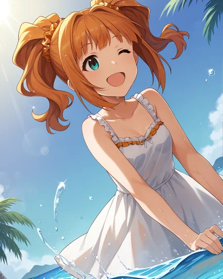 rating_questionable,
<lora:TakatsukiYayoi_pony_v1:1> tktkyyi, long hair, orange hair, twintails, hair scrunchie, bangs, aqua eyes, small breasts,
sundress, beach, open mouth, smile, see-through silhouette, dutch angle, wading, wet, wet clothes, splashing, one eye closed,
palm tree,
<lora:Pony_DetailV2.0:1.2>, score_9, score_8_up, score_7_up, source_anime,