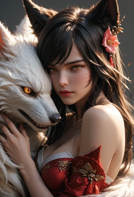score_9, score_8_up, score_7_up, score_7, score_6_up, score_5_up, 1 woman, grey background, close up, Ahri, league of legends, hugging a white fox,