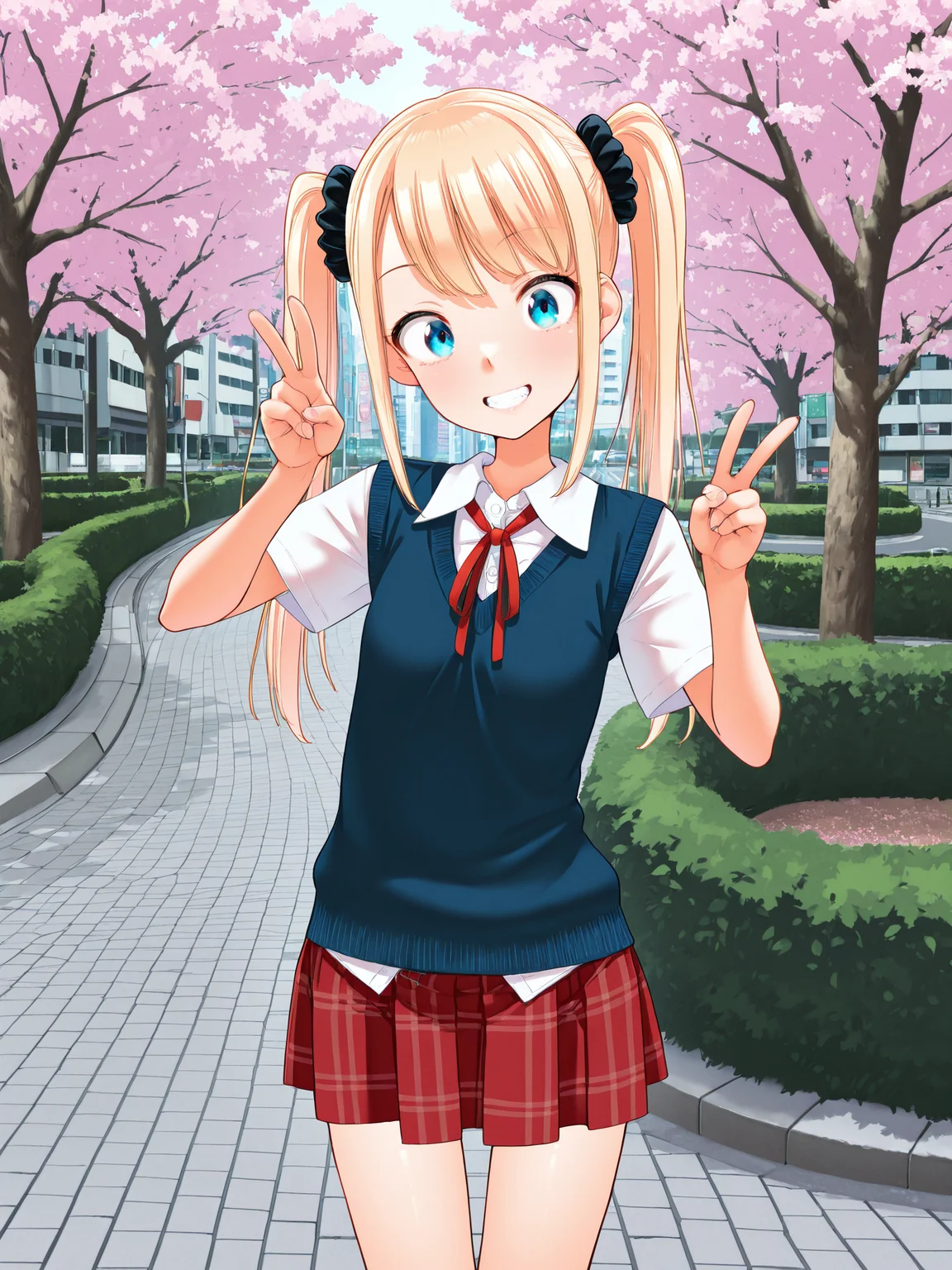 <lora:ST_Tsuttsu_0R:1>, tsuttsu
blue eyes, blonde hair, long hair, twintails, hair scrunchie, petite, slim, thin thighs, thin legs, narrow hips
blue sweater vest, white shirt, neck ribbon, short sleeves, red skirt, plaid skirt
<lora:CC_Aesthetic_Masterpiece_1:1>, masterpiece, best quality, amazing quality, very aesthetic, absurdres, detailed background, volumetric lighting, ray-tracing
1girl, looking at viewer, cowboy shot, smile, teeth
dynamic pose, (v sign:1.3)
(outdoors, tokyo, city, park, tree, cherry blossoms, bush, stone floor)