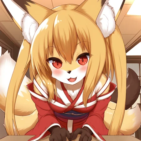 <lora:nioalpha-05:1>, nioalpha, furry female, brown fur, yellow fur, white fur, fox ears, fox girl, japanese clothes, pov, dating, table, cowboy shot, smile, fang, red eyes
