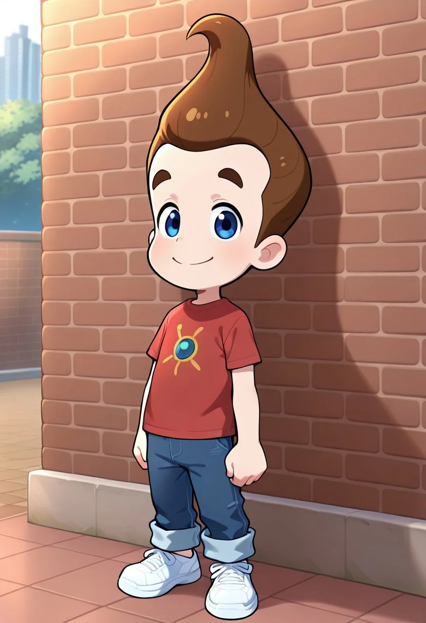masterpiece, best quality, absurdres, 1boy, male focus, solo, j_i_nu, brown hair, blue eyes, red shirt, t-shirt, print shirt,( atom:1.5), blue jeans, pants rolled up, sneakers, white footwear, looking at viewer, smile, full body, standing, arms at side, brick wall, tile floor, outdoors,