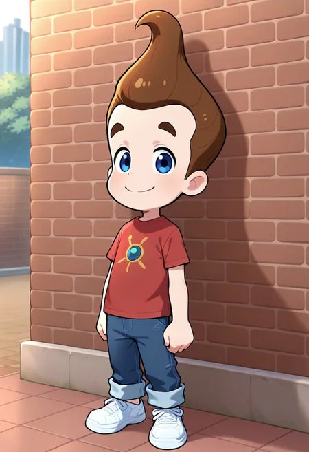 masterpiece, best quality, absurdres, 1boy, male focus, solo, j_i_nu, brown hair, blue eyes, red shirt, t-shirt, print shirt,( atom:1.5), blue jeans, pants rolled up, sneakers, white footwear, looking at viewer, smile, full body, standing, arms at side, brick wall, tile floor, outdoors,