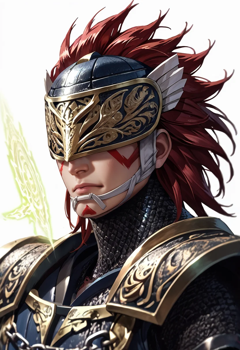 source_anime, (masterpiece), (best quality), score_9, score_8_up, score_7_up, (masterpiece:1.2), (best quality:1.3), source_anime, 1boy <lora:Kotaro_Fuma_Sengoku_Basara:0.75> fkotaro_sgbs, armor, helmet, red hair, chainmail, simple background, black aura, facing viewer, upper body, masterful composition, dynamic movement, low-key lighting, lo-fi, glow, dynamic cinematic lighting, ray_tracing, global illumination <lora:Anime Style (Vauxz) PONY:0.8>