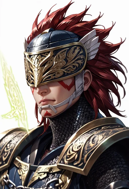 source_anime, (masterpiece), (best quality), score_9, score_8_up, score_7_up, (masterpiece:1.2), (best quality:1.3), source_anime, 1boy <lora:Kotaro_Fuma_Sengoku_Basara:0.75> fkotaro_sgbs, armor, helmet, red hair, chainmail, simple background, black aura, facing viewer, upper body, masterful composition, dynamic movement, low-key lighting, lo-fi, glow, dynamic cinematic lighting, ray_tracing, global illumination <lora:Anime Style (Vauxz) PONY:0.8>