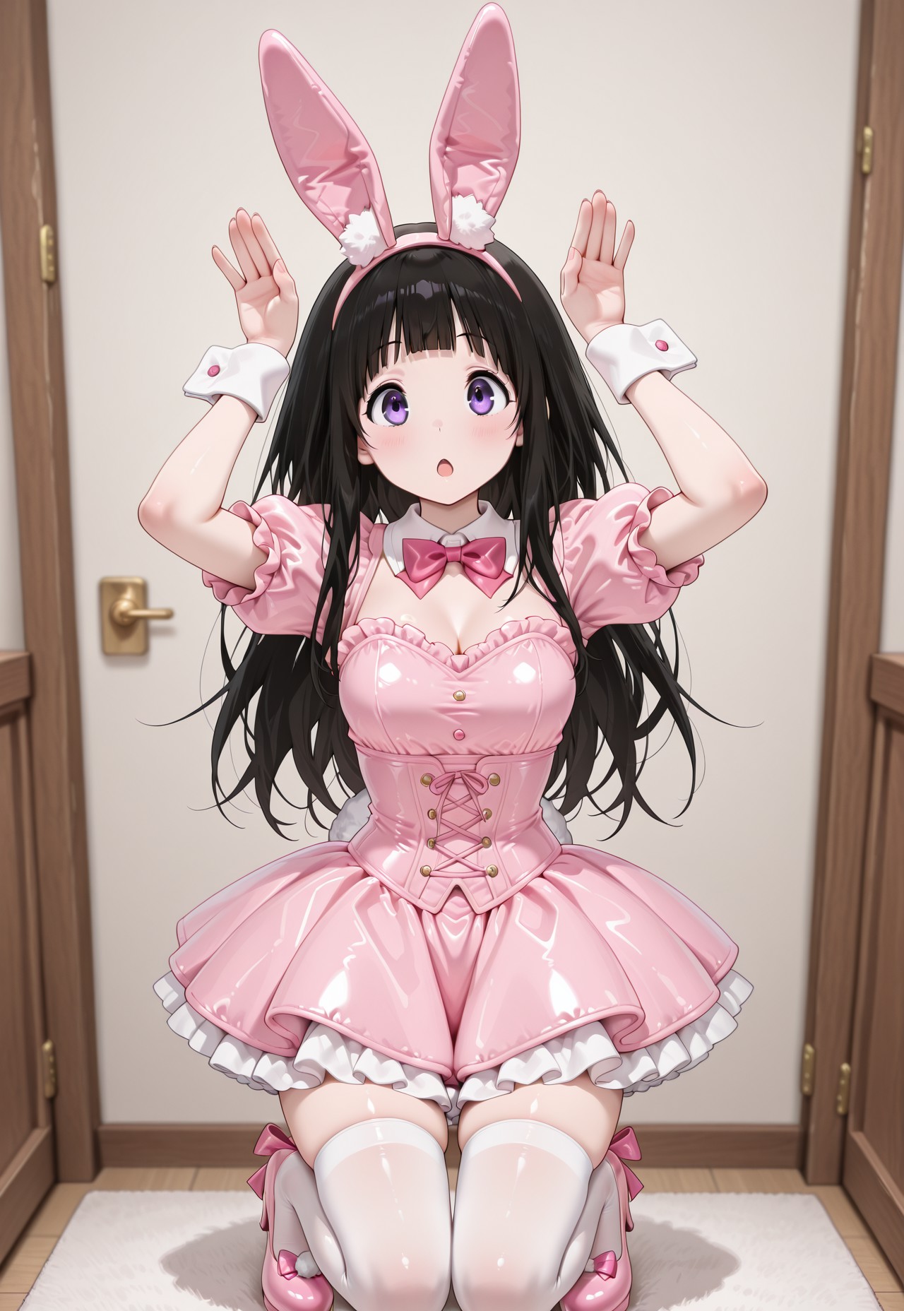 soft_skin,shiny_skin,,masterpiece,extremely detailed,best quality,amazing quality,newest,absurdres,highres, 1girl , solo, chitanda eru, black hair, long hair, blunt bangs, purple eyes, Fluff_Bunny_Reverie_Costume, short dress, frilled dress, pink dress, white thighhighs, pink bow, ribbon, rabbit ears, puffy short sleeves, pink hairband, fake animal ears, bowtie, rabbit tail, lace trim, cross-laced clothes, zettai ryouiki, petticoat, wrist cuffs, detached collar, corset, pink footwear, high heels, footwear bow, open mouth, cute, (rabbit pose, cute pose), BREAK indoors