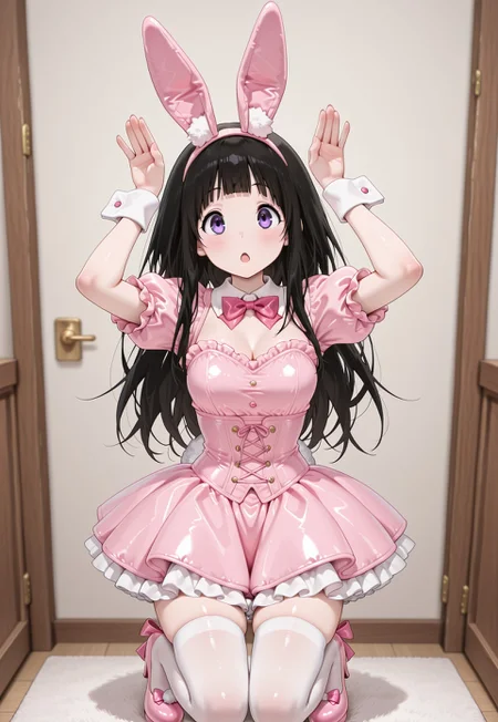 soft_skin,shiny_skin,,masterpiece,extremely detailed,best quality,amazing quality,newest,absurdres,highres, 1girl , solo, chitanda eru, black hair, long hair, blunt bangs, purple eyes, Fluff_Bunny_Reverie_Costume, short dress, frilled dress, pink dress, white thighhighs, pink bow, ribbon, rabbit ears, puffy short sleeves, pink hairband, fake animal ears, bowtie, rabbit tail, lace trim, cross-laced clothes, zettai ryouiki, petticoat, wrist cuffs, detached collar, corset, pink footwear, high heels, footwear bow, open mouth, cute, (rabbit pose, cute pose), BREAK indoors