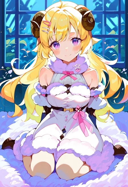 score_9, score_8_up, score_7_up, score_6_up, source anime,
tsunomaki watame, sheep girl, curled sheep horns, 1girl, long hair, sheep ears, solo, hair ornament, blonde hair, detached sleeves, hairclip, ahoge, fur trim, fur-trimmed sleeves, bare shoulders, white dress, fur-trimmed dress, medium breasts,
purple eyes, looking at viewer,
smile, blush, closed mouth,
full body, sitting, close-up, arms behind back, leaning back,
indoors, white carpet,
tsunomaki default
<lora:monmusu_sheep_girl_v14:1>