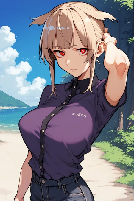 score_9, score_8_up, score_7_up, 1girl, puzzled, looking at viewer, arm_up, beige hair, bangs, hair flaps, red eyes, large breasts, dark purple clothes, outdoors, panorama, dim light <lora:kotoyama_PonyXL_style_v01:1>