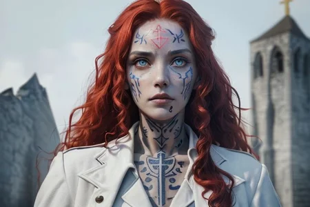 bright red hair, human female, (feminine:1.7), (beautiful face, detailed face:1.6), (beautiful eyes, detailed eyes:1.7), (looking at viewer, eye contact, intense:1.6), (long hair, red hair, curly hair:1.3), , ((masterpiece, best quality, high resolution, realistic, best quality,)), photo realistic, Perfect Face, (detailed face). <lora:GoodHands-vanilla:0.6> <lora:add-detail-xl:0.8>, mage, (Dress White military uniform coat), dagger, rune dagger, glowing runes, , (((glowing magic symbols tattoos, religious tattoos))), ((face tattoos)), glowing tattoos, stone tower in the background