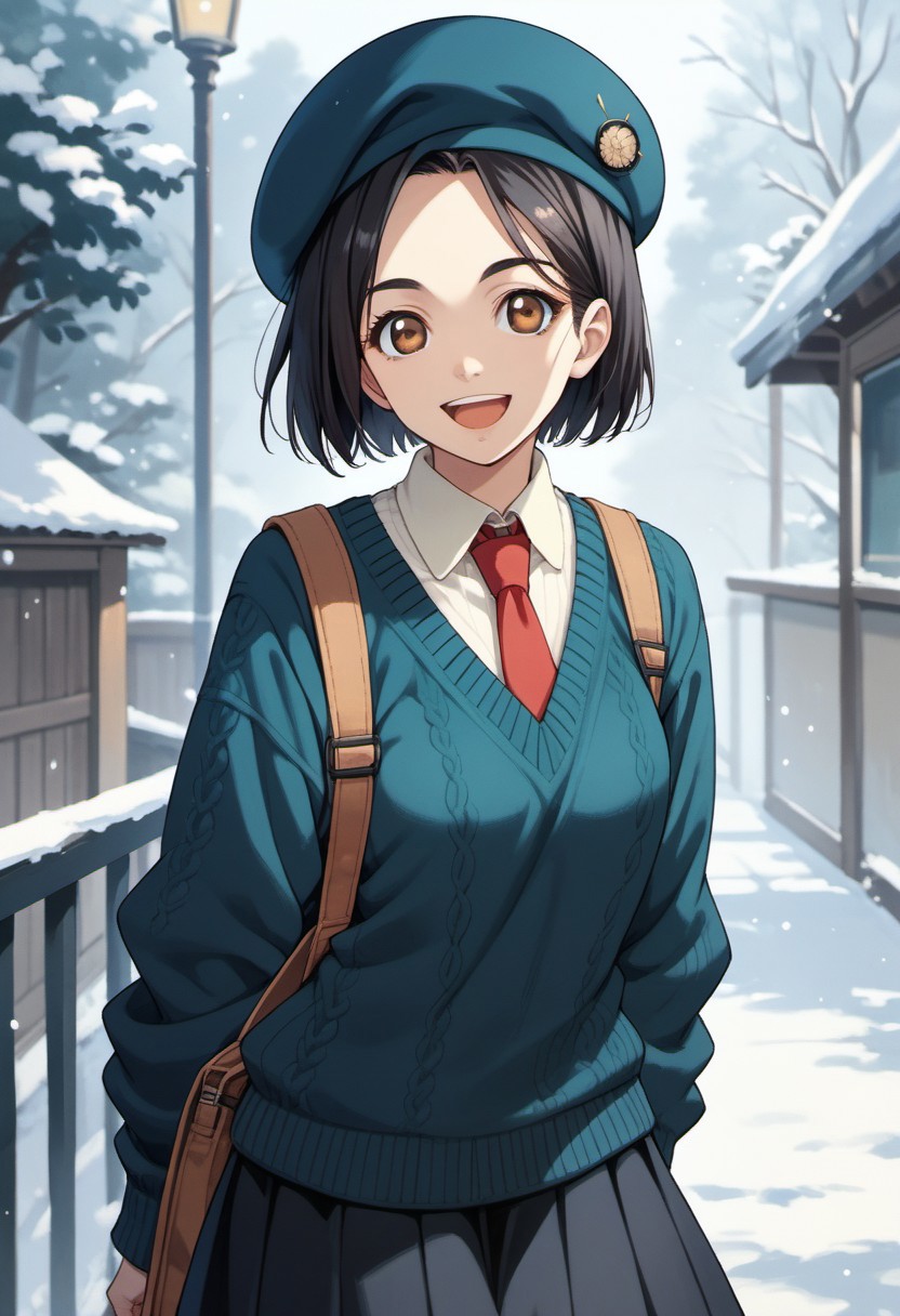 score_9, score_8_up, score_7_up, source_anime, rinwell, short hair, black hair, brown eyes, 1girl, solo, hat, skirt, necktie, sweater, open mouth, smile, beret, red necktie