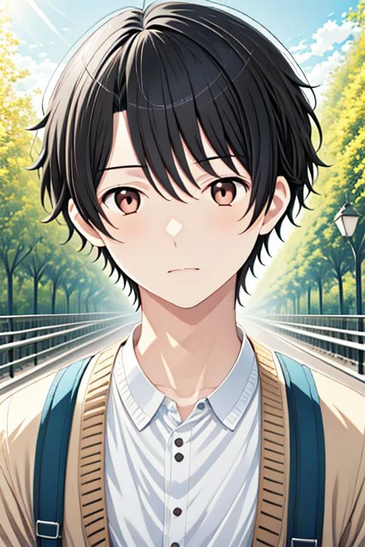 high resolution, solo, best quality, 1Boy, Inaho Kaizuka, Black hair, Brown Eyes, portraits, proud, outdoor, Half Body, Depth Of Field, OverallDetail