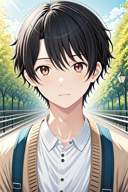 high resolution, solo, best quality, 1Boy, Inaho Kaizuka, Black hair, Brown Eyes, portraits, proud, outdoor, Half Body, Depth Of Field, OverallDetail