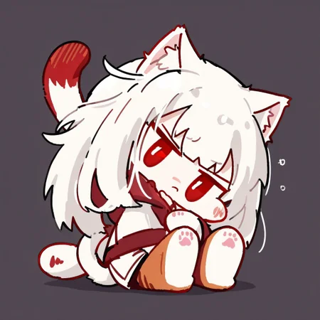 (((FULL BODY))), kawaii chibi, cute, short, small, man, (((long white hair))), long length hair, (((cat ears))), (((red sharp eyes, predominant lower eyelashes))), blush, looking to the side mad, hooded robes, pouting adorably, dark atmosphere, negativeXL_D, easynegative, neon shading, sitting
