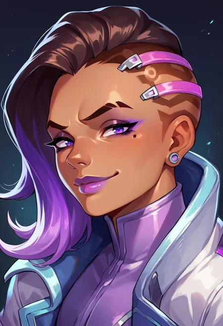 score_9, score_8_up, score_7_up, score_6_up, sombow-dh,
portrait, dark-skinned female, mole under eye, makeup, asymmetrical hair, multicolored hair,purple eyes, earrings, purple lips, nose, coat, short sleeves, elbow gloves, smug, holographic interface  <lora:Sombra_Olivia_Colomar_Classic_Skin__PDXL:0.8>