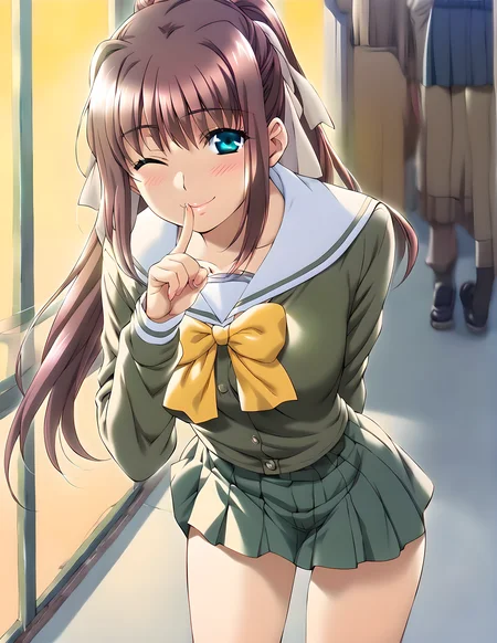 <lora:pony_xl_ren:0.8>,ren,score_9,score_8_up,score_7_up,source_anime,1girl,looking_at_viewer,school_uniform,open_skirt,socks,city,gentle girl,smile,light_blush,one-eyed wink,index_finger_raised,hand_to_mouth,arm_behind_back,leaning_forward,standing,inner crotch,front view,