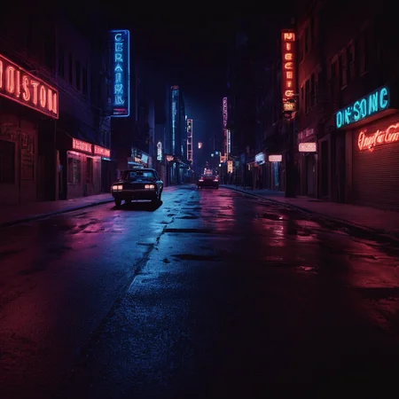 cinematic film still of <lora:Chiaroscuro Lighting Style:1>
dramatic, cinematic, shadow, partially covered in shadow, a city street at night with neon signs Chiaroscuro Lighting Style, no humans, night, ground vehicle, building, scenery, city, car, road, dark, street, city lights, neon lights, shallow depth of field, vignette, highly detailed, high budget, bokeh, cinemascope, moody, epic, gorgeous, film grain, grainy