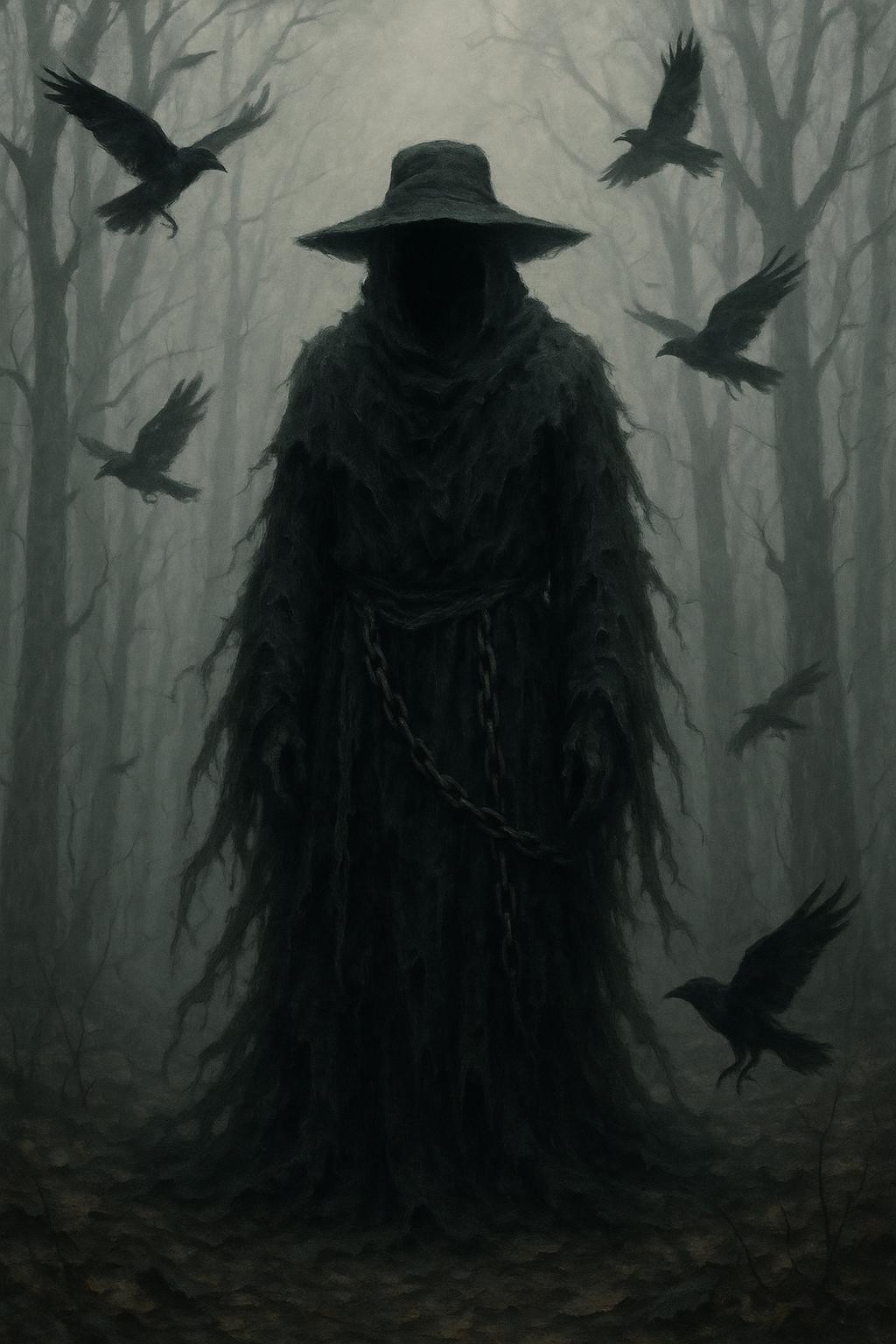 a mysterious, cloaked figure standing in a foggy, eerie forest. The figure is dressed in tattered, dark robes that appear to blend with the mist, giving an ethereal and ghostly appearance. The face is obscured by shadows, and a wide-brimmed hat adds to the enigmatic aura. Chains hang loosely around the figure's waist, adding a sense of foreboding. Surrounding the figure are several black birds in flight, enhancing the ominous atmosphere. The background is filled with bare, twisted trees, and the ground is scattered with fallen leaves, contributing to the haunting, surreal setting. The overall color palette is muted, with shades of gray, black, and hints of brown, emphasizing the dark, mysterious theme of the scene.