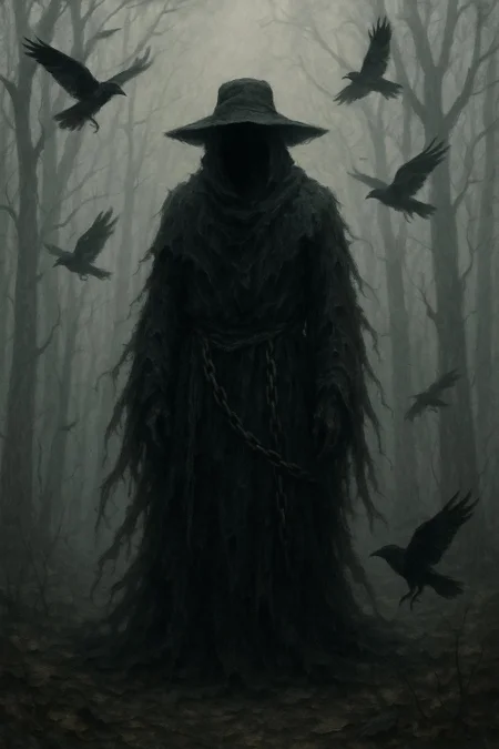 a mysterious, cloaked figure standing in a foggy, eerie forest. The figure is dressed in tattered, dark robes that appear to blend with the mist, giving an ethereal and ghostly appearance. The face is obscured by shadows, and a wide-brimmed hat adds to the enigmatic aura. Chains hang loosely around the figure's waist, adding a sense of foreboding. Surrounding the figure are several black birds in flight, enhancing the ominous atmosphere. The background is filled with bare, twisted trees, and the ground is scattered with fallen leaves, contributing to the haunting, surreal setting. The overall color palette is muted, with shades of gray, black, and hints of brown, emphasizing the dark, mysterious theme of the scene.