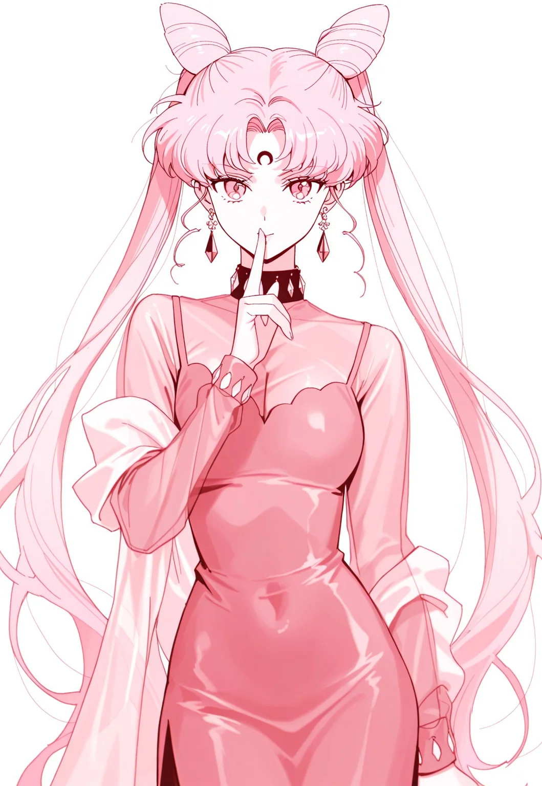 masterpiece, best quality, absurdres, very aesthetic, high score, black_lady_usa, 1girl, facial mark, solo, crescent facial mark, hair bun, cone hair bun, crescent, double bun, forehead mark, jewelry, crystal earrings, twintails, earrings, long hair, aged up, pink theme, looking at viewer, finger to mouth, pink hair, see-through, dress, white background, monochrome, parted bangs, simple background, very long hair,