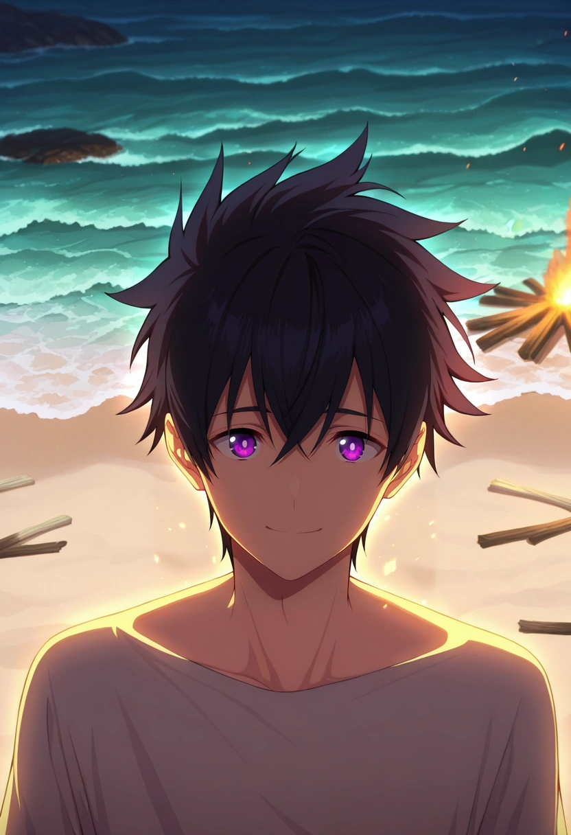 masterpiece, best quality, , semi-realistic,, 1boy, solo, male focus, <lora:ryuunosuke_minakata_ilxl:0.92>, ryuunosuke_minakata, black hair, purple eyes, short hair, bangs, hair between eyes, beach bonfire, glowing embers, scattered driftwood, distant waves, gathering pose, cheerful expression, warm glow,