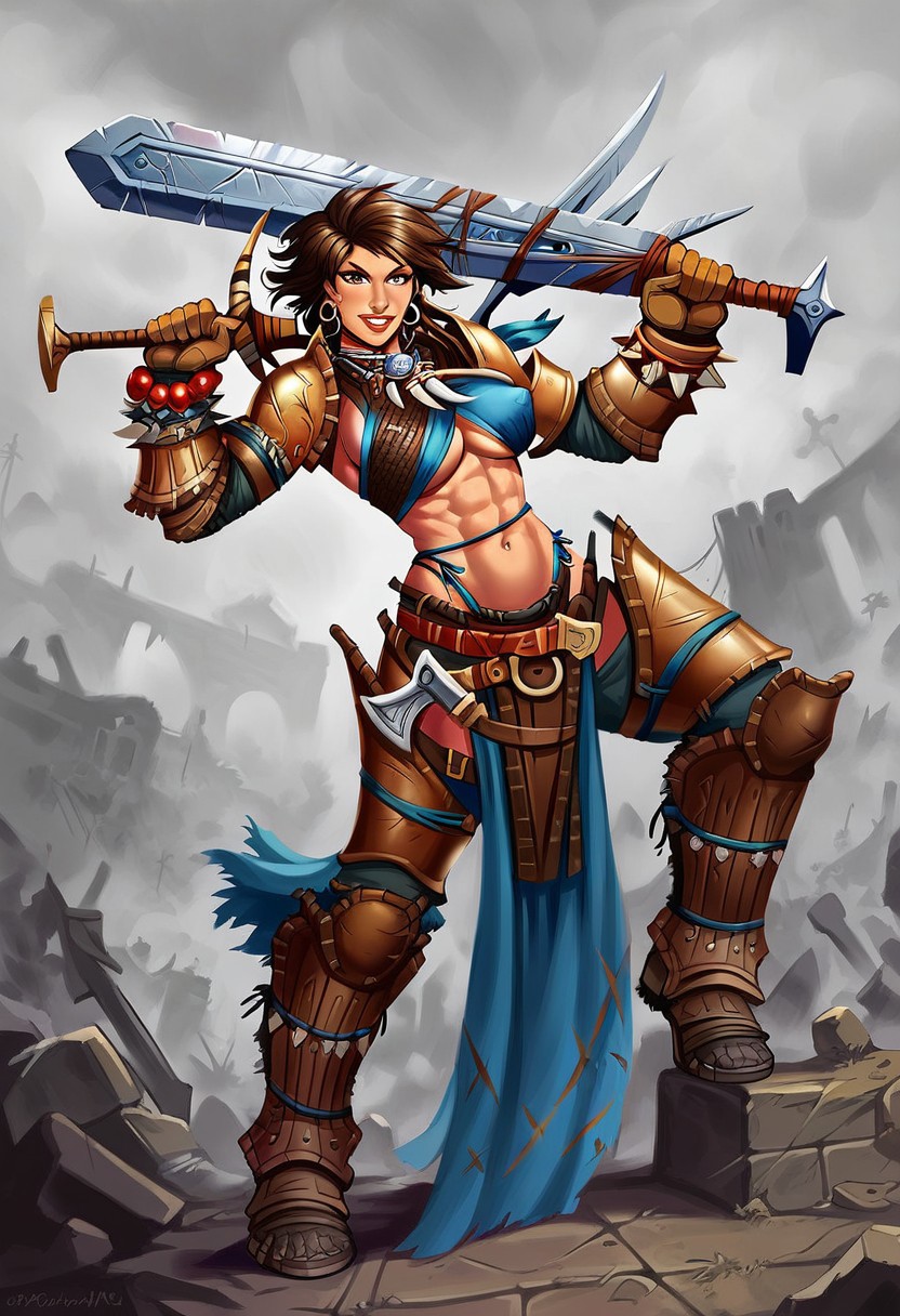 AmiriPathfinder,1girl,solo,armor,sword,brown hair,jewelry,midriff,navel,abs,earrings,shoulder armor,scars,pauldrons,large breast,muscular female,tattoos,underboob,belt,brown eyes,necklace,boots,gloves,short hair,lips,facial tattoo,beads,bracelets,greaves,pelvic curtain,legs armor,bracer,leather bracers,leather armlet,leather armor,sheath,,seductive pose,ruins,sexual pose,dat ass,spread legs,
score_9, score_8_up, score_7_up, beautiful aesthetic, very intricate, high quality details,vibrant, highly detailed, award-winning, professional,anime artwork, anime style, studio anime, athletic, toned female,muscular milf,curvy body, athletic girl,fit girl, perky tits,huge breast,perfect tits, round breasts, nipple outline,looking at viewer, pinup pose,teasing, dynamic lighting, cinematic, smug, better than you, aura of temptation, highly detailed, high resolution, masterpiece, detailed clother, detailed background, highly detailed, ((sound effects)) comic layout,