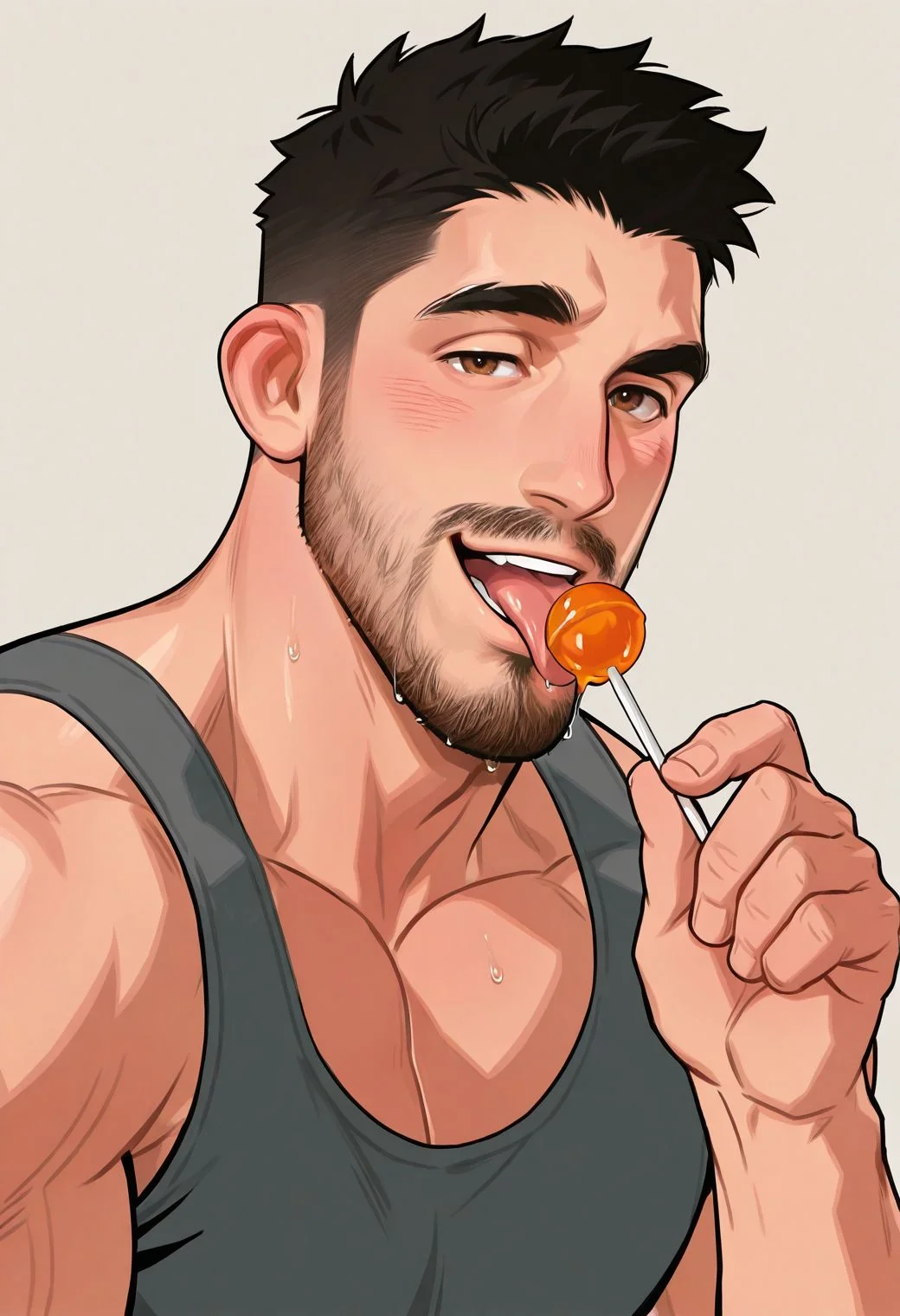 flat color,simple background,
1boy,bara,muscular male,mustache,beard,brown eyes,black hair,gray tank top,
holding lollipop,licking,dripping,orange lollipop,raised eyebrow,blush,smug,open mouth,looking at viewer,
very awa,masterpiece,best quality,absurdres,newest,perfect quality,detailed background,intricate details,
<lora:dd-vc:1>,
