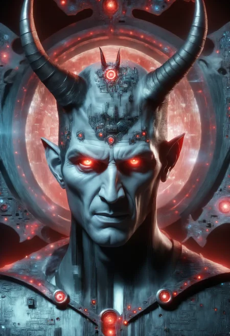 DonMQu4n7umZ3r0XL male devil, embodiment of evil, cunning and charismatic, red skin, devil horns, fantasy, stagnant , post-apocalyptic wasteland, moon phases,chamber,cave passage,quantum tech, futuristic,circuit board,
<lora:DonMQu4n7umZ3r0XL-000006:0.8>,