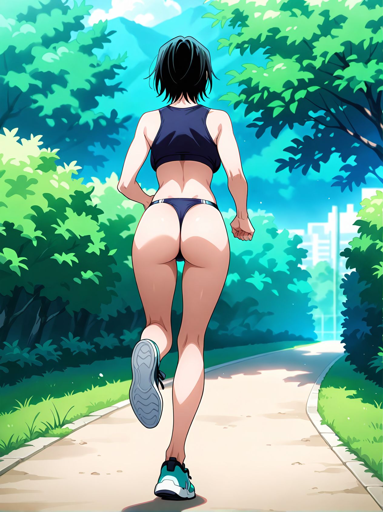 <lora:add-detail-xl:0.5>,,masterpiece,best quality,anime coloring,anime screenshot,
<lora:wedgie:0.5>wedgieV1,
1girl,ass,solo,sneakers,outdoors,
jogging,shoes, full body, from behind,
butt peek, sports crop top,ass, 
high legs sports thong, ,
BREAK
jujutsu kaisen, official art, 
<lora:Mai_Zenin_illus-05:0.8>
slim, Mai_Zenin, black hair, short hair, medium breasts,