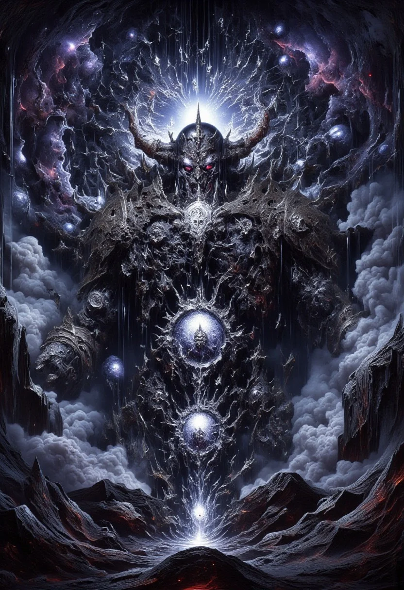 A massive demonic god of knowledge wisdom and madness:1, chaos god, lord of the abyss, Multiple eyes:3, eldritchtech, cosmic, dark energy , glowing eyes, extra eyes, horror \(theme\) , armor, magic, glowing entropymagic, fantasy, dissolving, decay<lora:dark_fantasy_flux:0.83> <lora:FredFraiStyle-FLUX-Share:0.63> <lora:sxz-Dark-Fantasy-v2-Flux:0.33> drkfnts style,