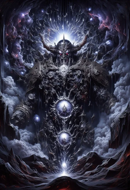 A massive demonic god of knowledge wisdom and madness:1, chaos god, lord of the abyss, Multiple eyes:3, eldritchtech, cosmic, dark energy , glowing eyes, extra eyes, horror \(theme\) , armor, magic, glowing entropymagic, fantasy, dissolving, decay<lora:dark_fantasy_flux:0.83> <lora:FredFraiStyle-FLUX-Share:0.63> <lora:sxz-Dark-Fantasy-v2-Flux:0.33> drkfnts style,