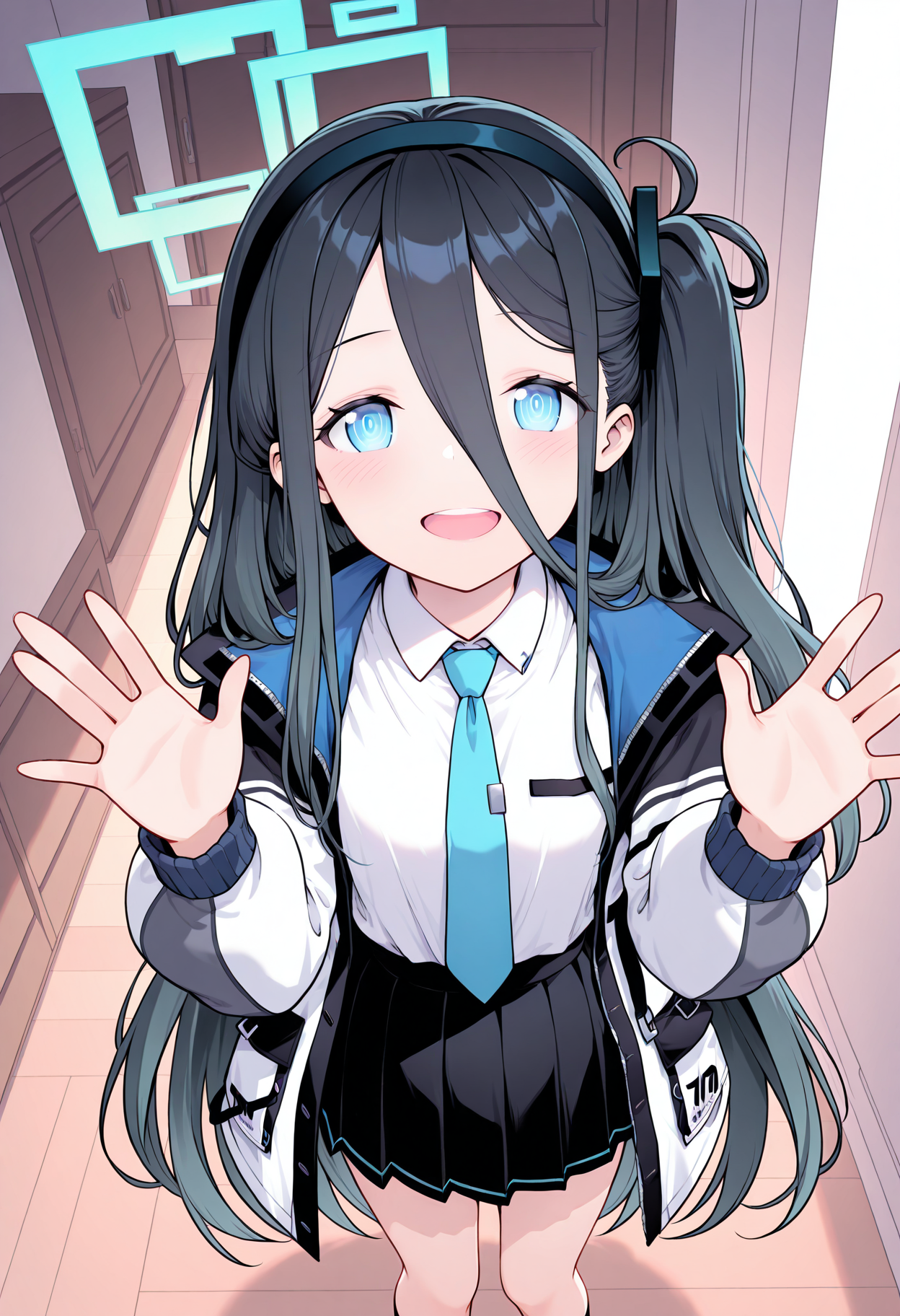 highres, best quality, masterpiece, indoors,
1girl, solo, aris \(blue archive\), 
jacket, blue necktie, black skirt,
looking at viewer, blush, smile, upper teeth only, 
standing, from above, open hands, hands up,
 <lora:_onib-sty-elesico-ilxl-40:1>
