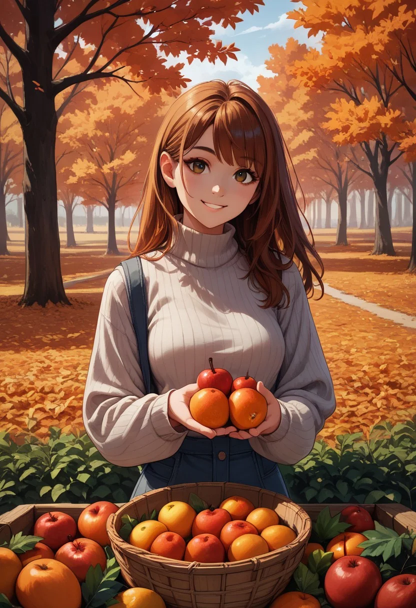score_9,score_8_up, 1girl, autumn, fruits, light smile, looking at viewer
